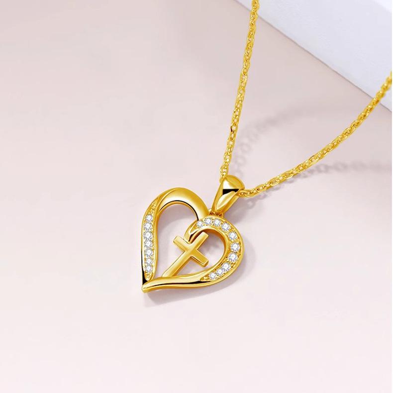 Love Heart-shaped Cross Necklace for Women, Trendy Peach Heart Pendant