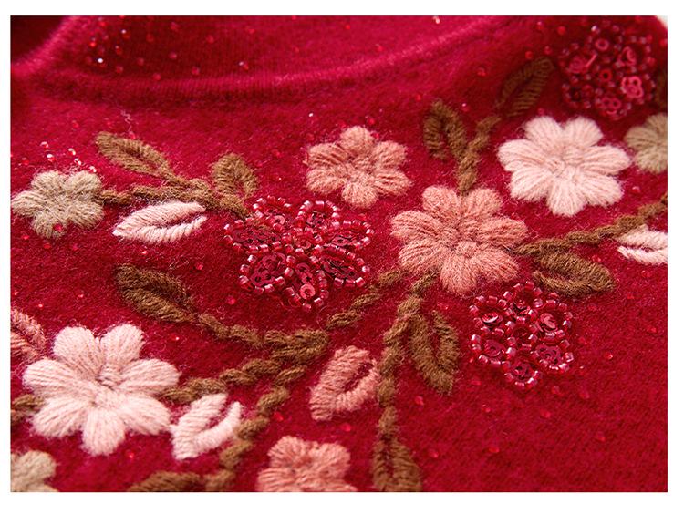 High-End Embroidered Cashmere Sweater for Women - Loose, Festive, Perfect for Middle-Aged and Elderly Moms, Pure Wool Base Layer