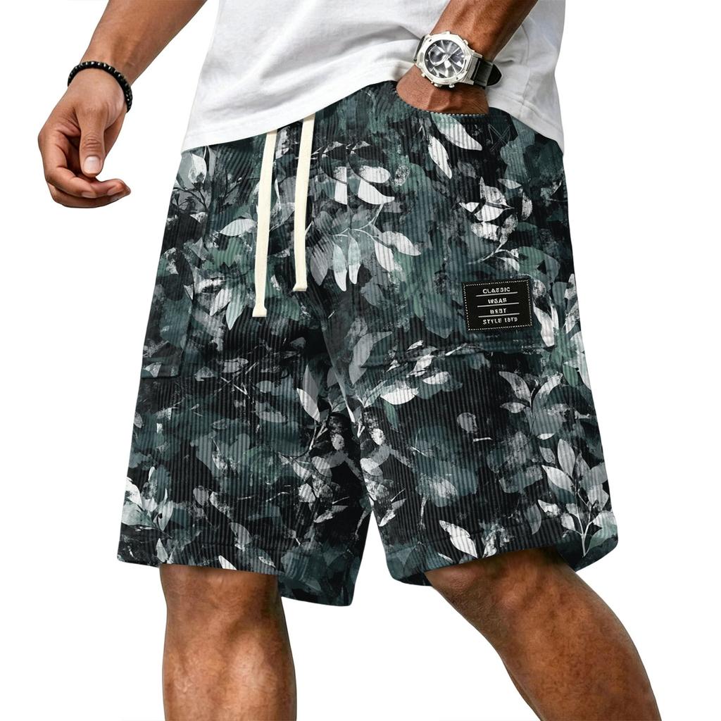 Men Corduroy Drawstring Shorts with Letter Print Relaxed Fit Hawaiian Style Floral Patterned Lightweight Pants