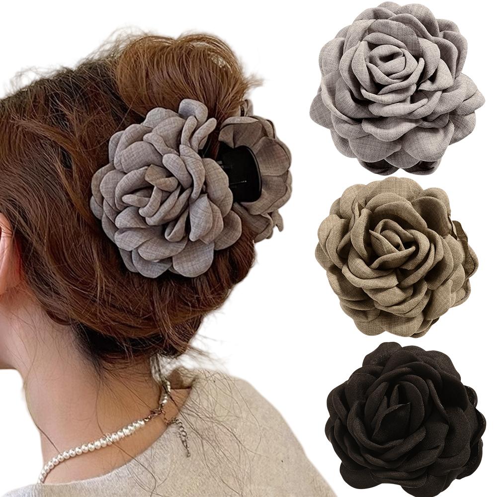 2/3 PCS New Solid Color Fabric Rose Flower Hair Claw for Women Girls Barrette Elegant Shark Clips Set Headwear Accessories Gifts