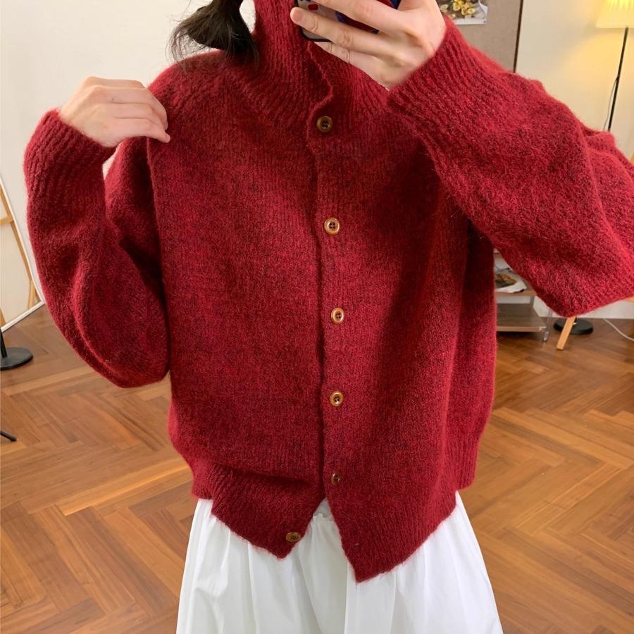 

DIMANAF 2025 Sweaters Buttons Turtleneck Solid Cardigan Autumn Women Knitting Green Loose Sweater One Size