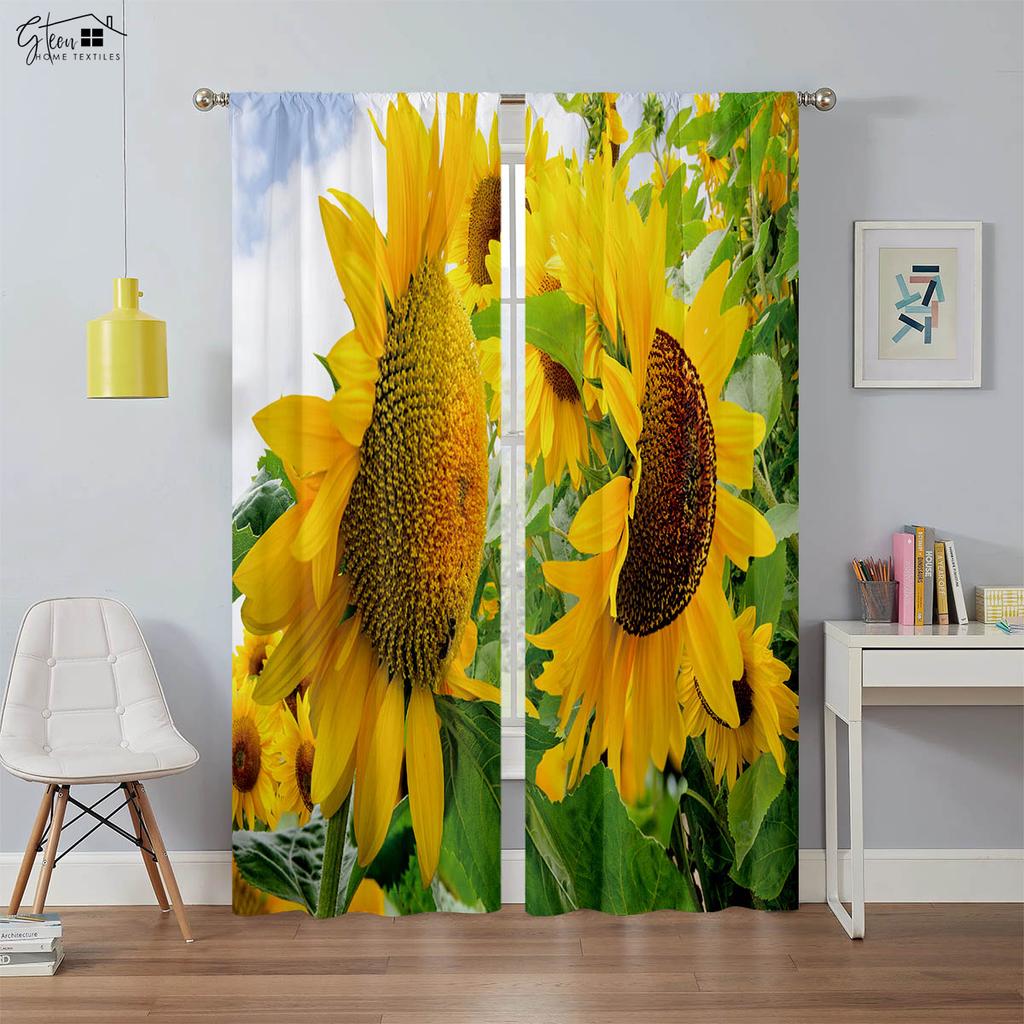 Vorhänge mit Sonnenblumendruck, Retro-Blumenmuster, geeignet für Schlafzimmer, Wohnzimmer, Balkon, dekorative Vorhänge, 2 Stück