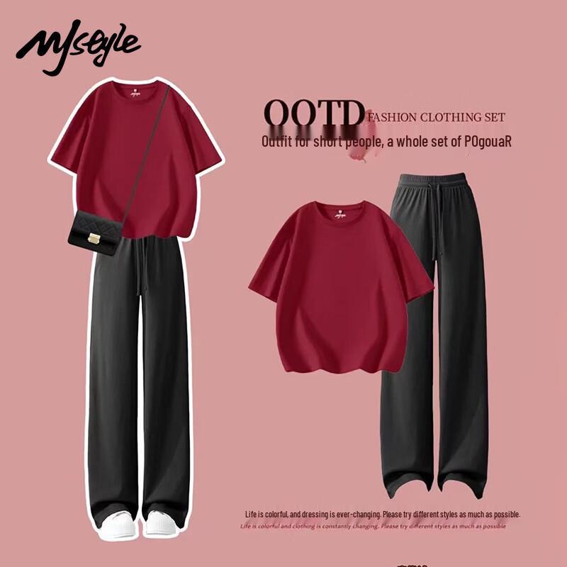 MJ STYLE Women s Cotton Loose Short-Sleeve Wide-Leg Pants Set L