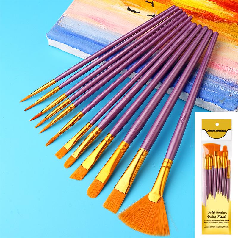 12-Piece Nylon Hair Watercolor & Oil Brush Set with Plastic Handles for Children s DIY Art