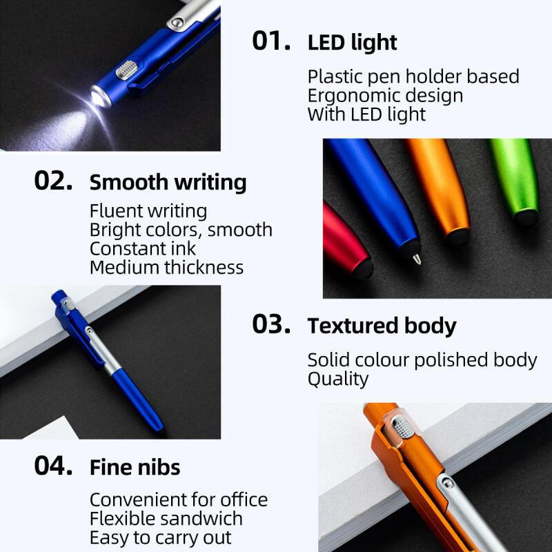 HdoorLink 4 In 1 Multifunction Ballpoint Pen with LED Light Fold Phone Holder Night Read Writing Pencil Office School Student Stationery
