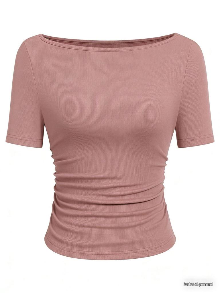 2025 Jesień Dopasowany Damski Top z Dekoltem Łódkowym, Dzwonkowym Rękawem i Marszczeniami - Jednolity Kolor, Długi Rękaw