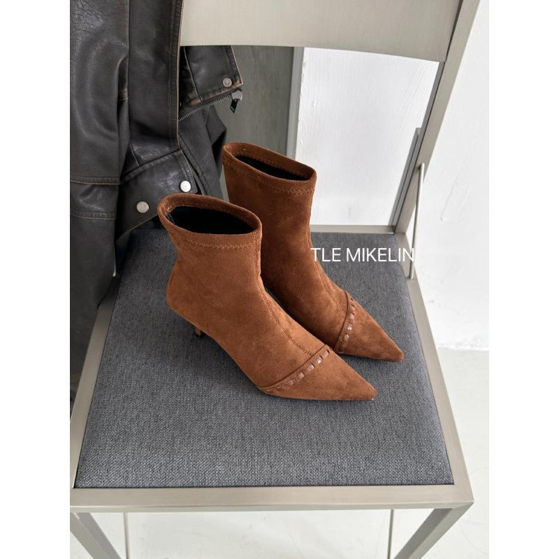 French pointed stitched short boots women's 2025 autumn sleeve elastic thin boots thin heel temperament fashion boots and ankle boots