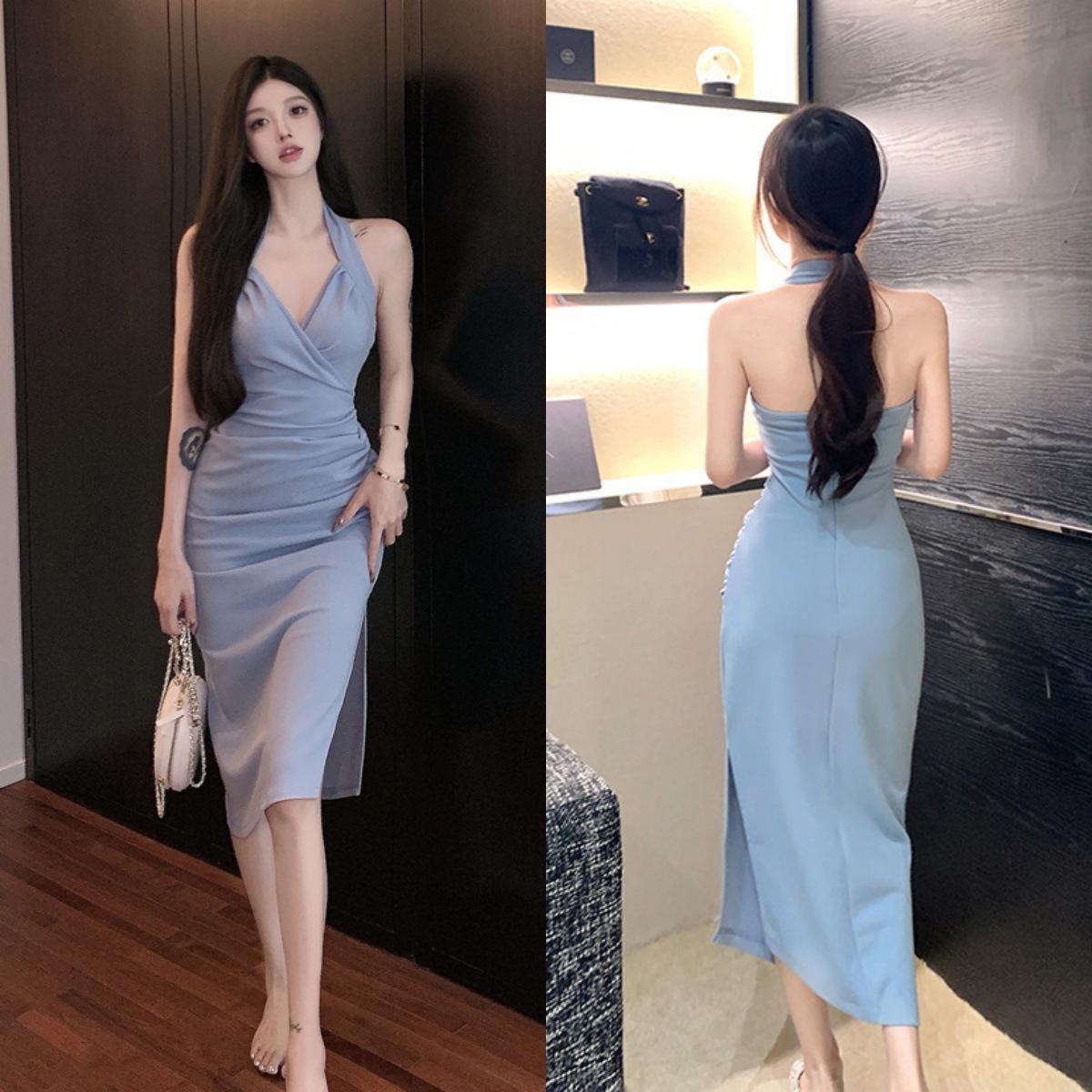 

Elegant Halter Strap Sleeveless Bodycon Dress with Slit for Women XL синій