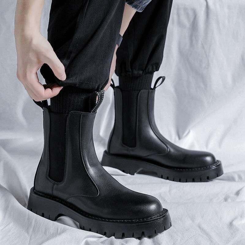 Chelsea Boots Herren Sommer Mid Boots Herren Schwarz High-Top Schuhe Britische Baumwollschuhe Aufgeraut Verdickt Martin Boots