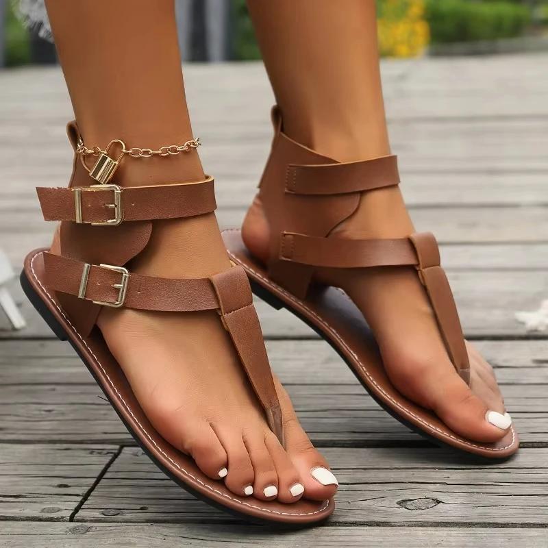 2025 Women's Summer New Vintage Solid Color Flat Sandals Fashion Leather Non-slip Outdoor Flip-flops Beach Roman Shoes Size 43