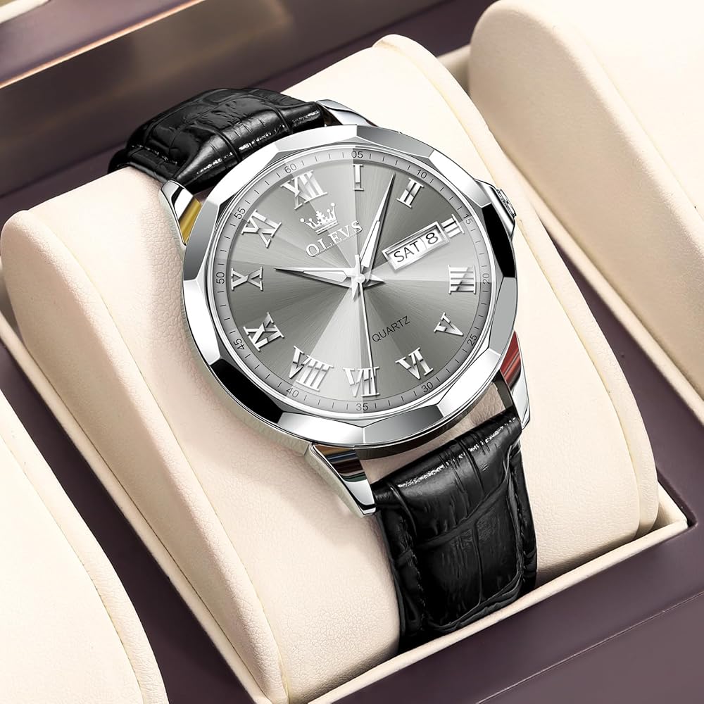 OLEVS Men's Analog Quartz Watch Black Waterproof Leather Strap Date Display Stylish Business Casual Lightweight
