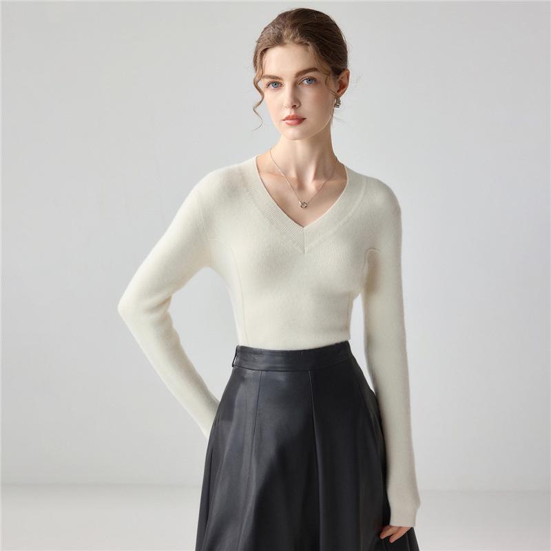 Autumn/Winter Women's V-Neck 100% Pure Cashmere Sweater - Long-Sleeve Knitwear