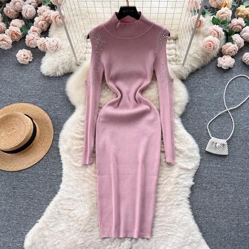 Elegante strass con spalle scoperte manica lunga maglia aderente abito tubino slim basic moda maglione vestido abbigliamento invernale sexy