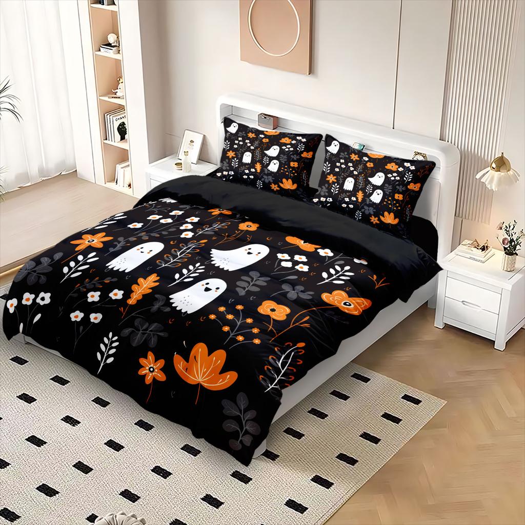 3pcs Halloween Cute Ghost Flower Print Coreless Quilt Set Multi Size Bedrooms Dormitory Soft and Comfortable Machine Washable