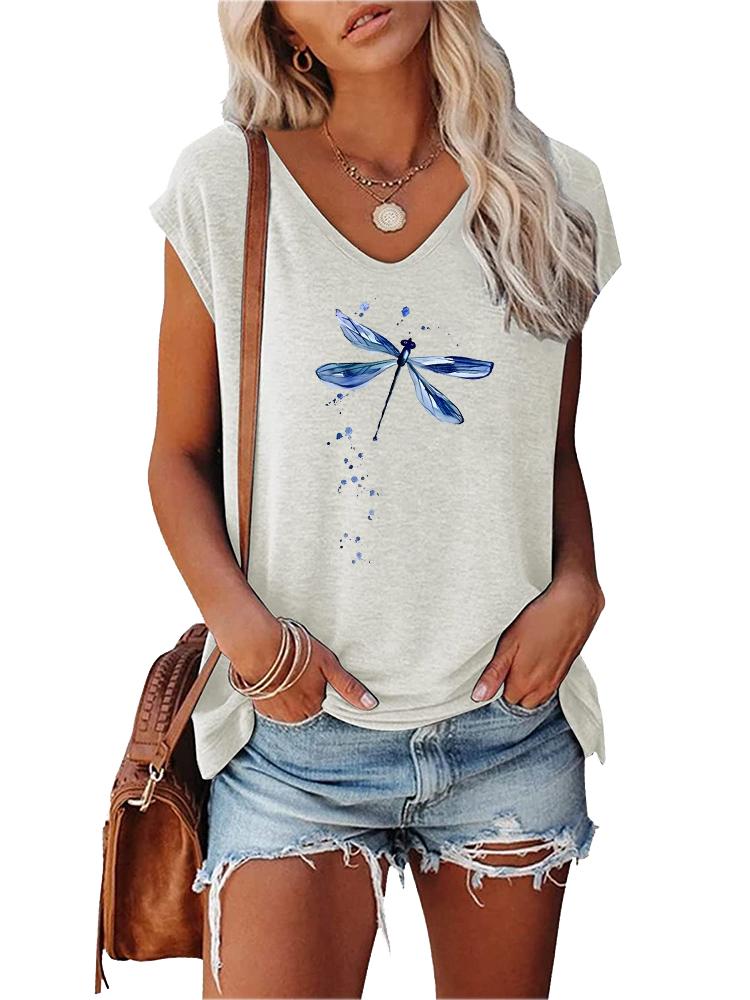 Women Fashion Printed Top Summer V Collar Tee Shirt Ladies Casual Short Sleeve T-shirt