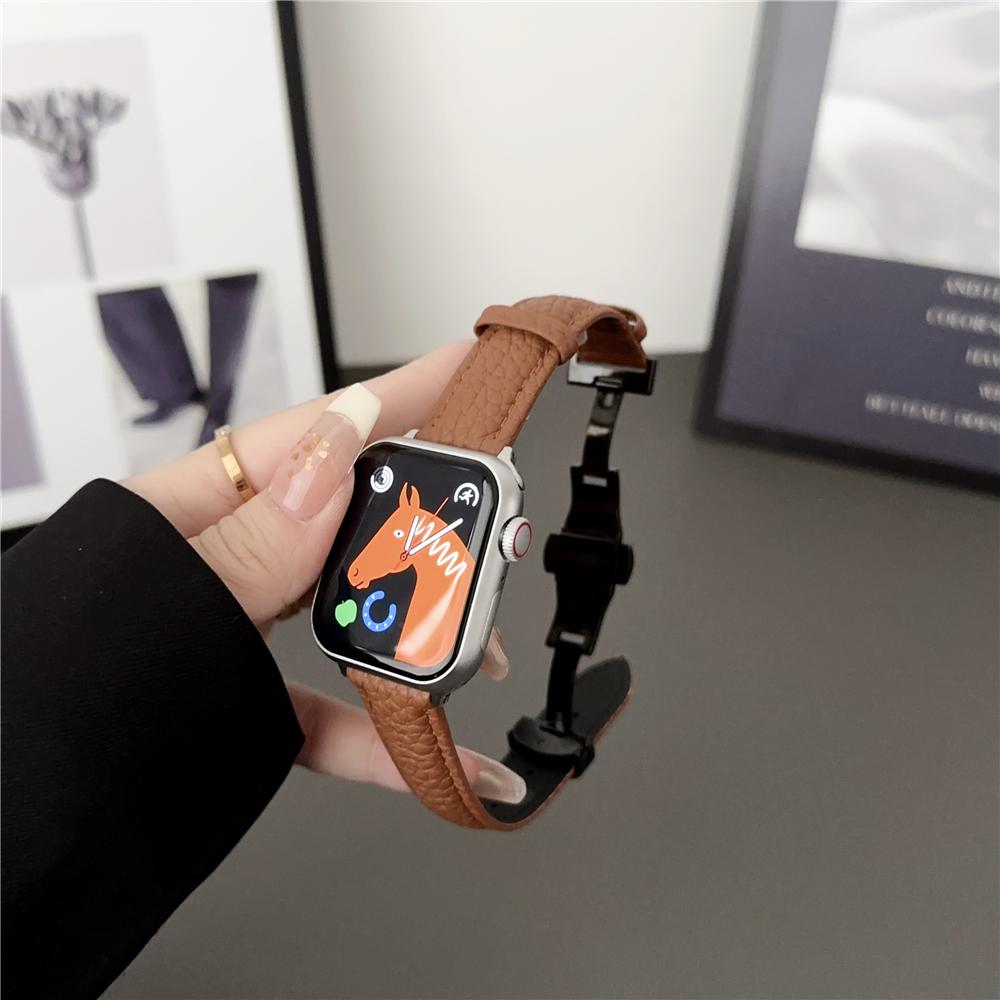 Lederband mit Litschi-Muster für Apple Watch Series Ultra 49 mm Faltschließe Uhr für iWatch 9 8 7 6 5 4 3 2 se 41 mm 45 mm 40 mm 44 mm 38 42 mm Zubehör