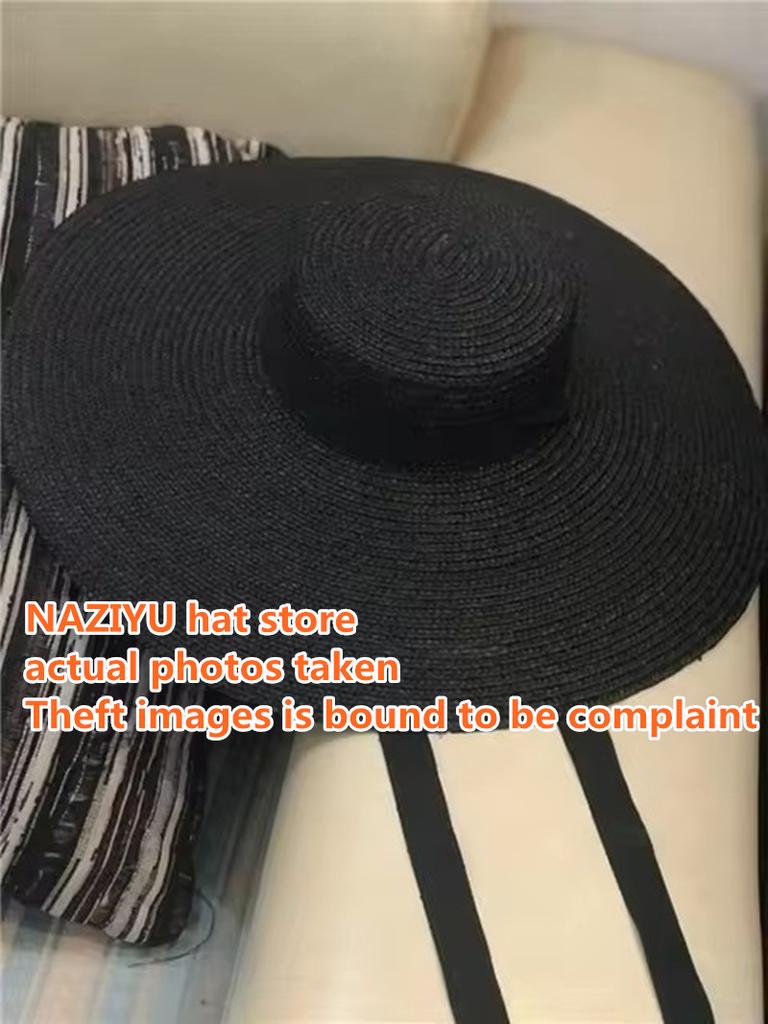 01811-axi Sell Hot Ins Summer Natural Handmade Straw Designer Wind Brim Black Leisure Beach Black Lady Fedoras Cap Women Sun Hat