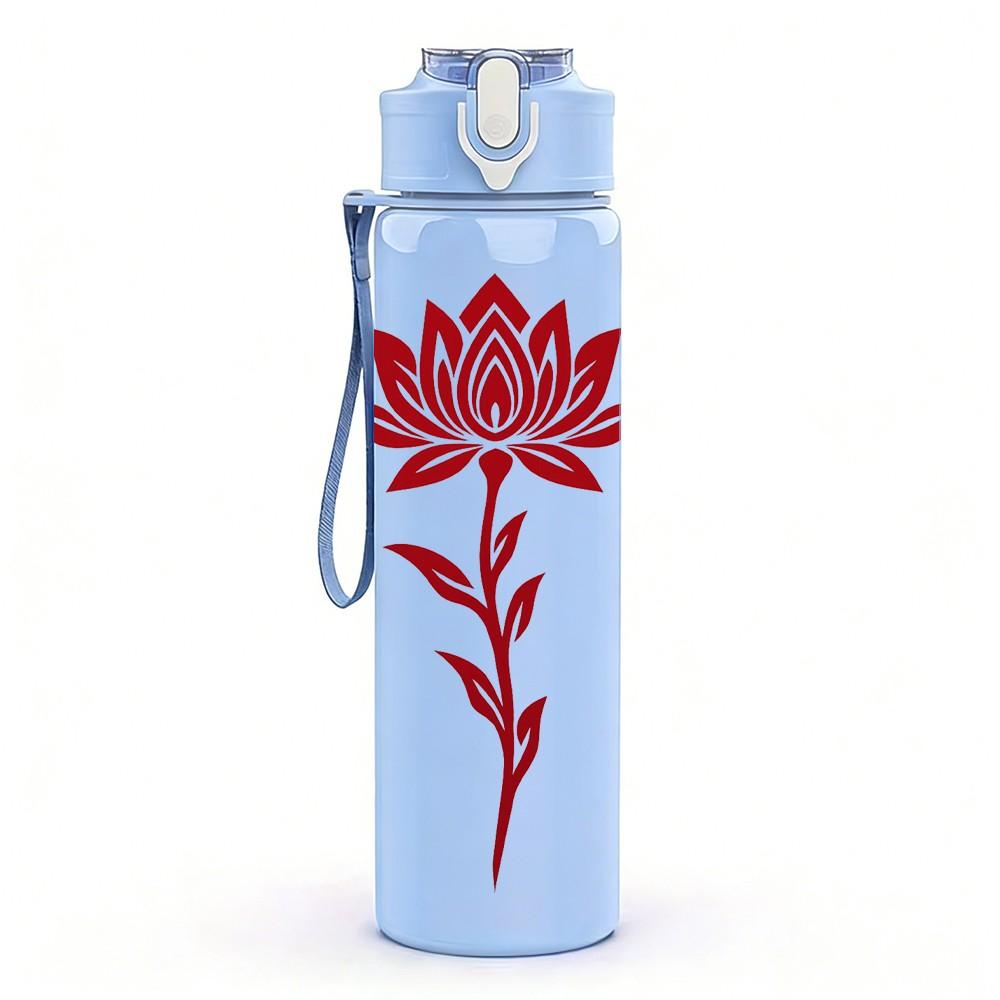 1PC Red Lotus Flower Art 750ml Color Plastic Sports Water Bottle Leakproof Flip Straw Lid Suitable for Sports Office Home Use