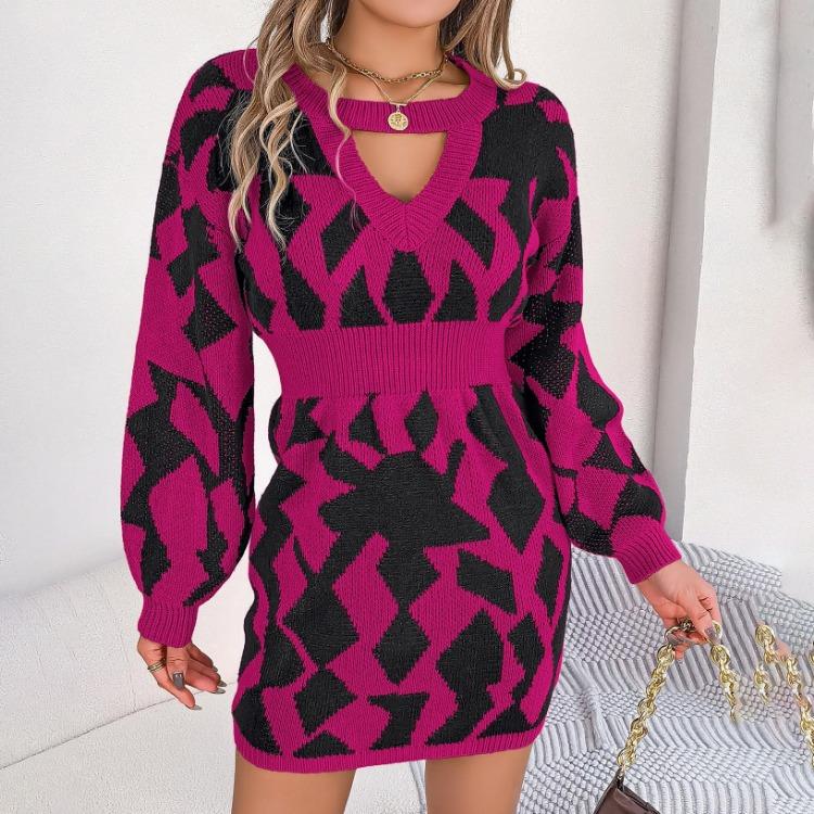 

Sexy Leopard Color Wrap Hip Woolen Dress Autumn Winter Cross V Neck Batswing Sleeve M рожевий червоний колір