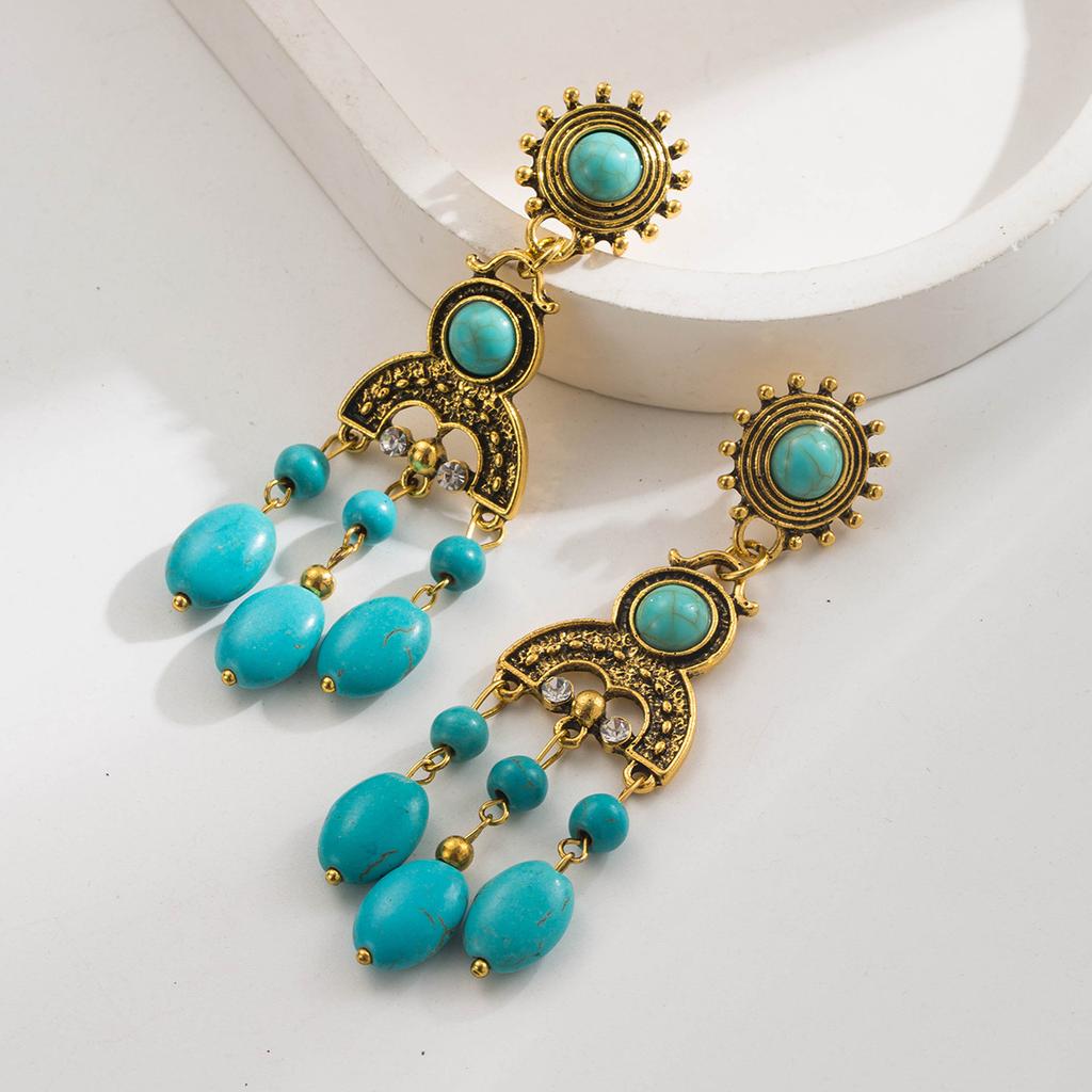 Turquoise Long Earrings Bohemian Ethnic Style Studs Vintage Pearl Inlaid Tassel Earrings for Women