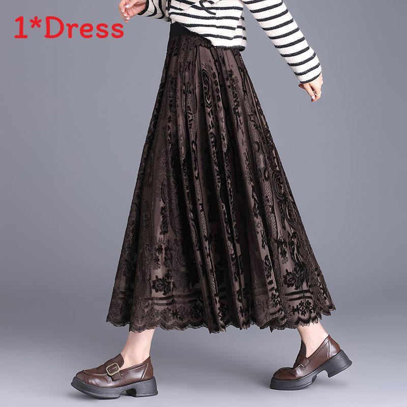 Velvet Pleated Skirt For Women With Lace Detailing And High Waist For Fall Winter
