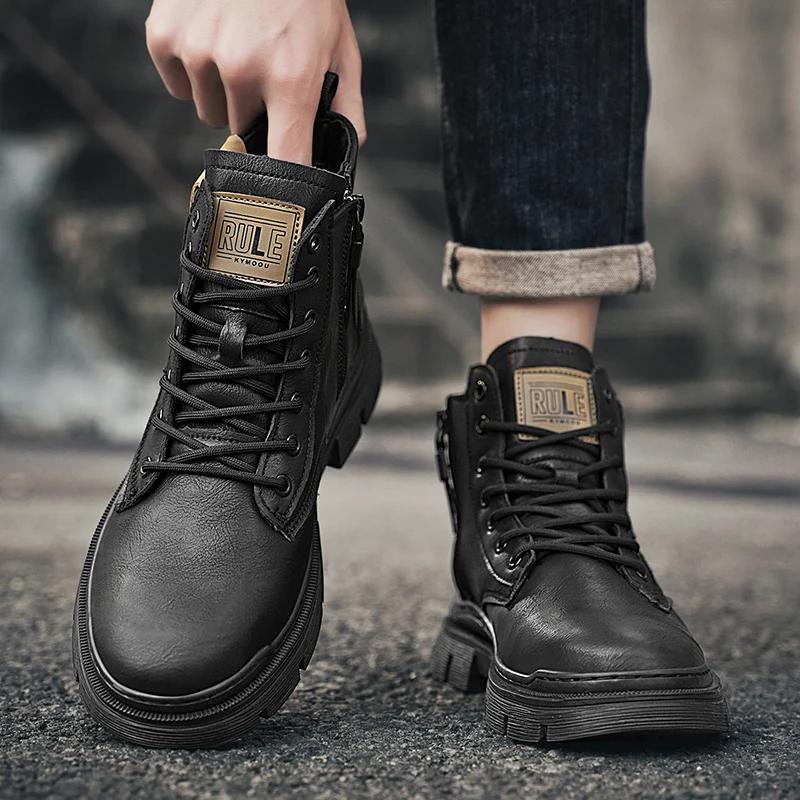 Fashion Men's All-match Casual Shoes Men's Business Dress Casual Boots Outdoor High Top Shoes Classic Leather Men Slip On Chelsea Boots