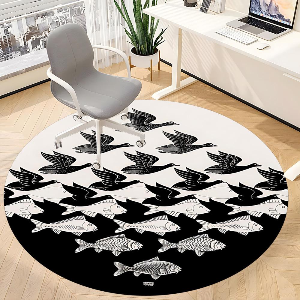 1pc Fish Birds Office Round Area Rug, Indoor Mat Suitable For Office, Under Office Chairs Bedroom Living Room Home Decor, Room Deco
