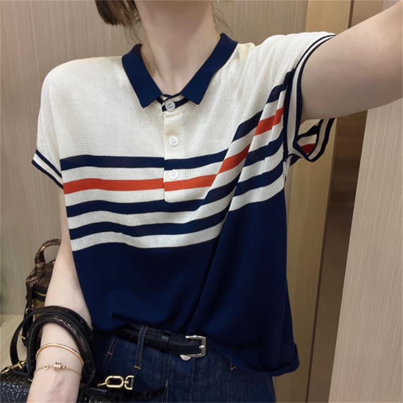 Women Clothing Summer Trendy Striped Polo Collar Ice Silk Knitted T-shirt Elegant Simple Casual Short Sleeve Loose Pullover Tops