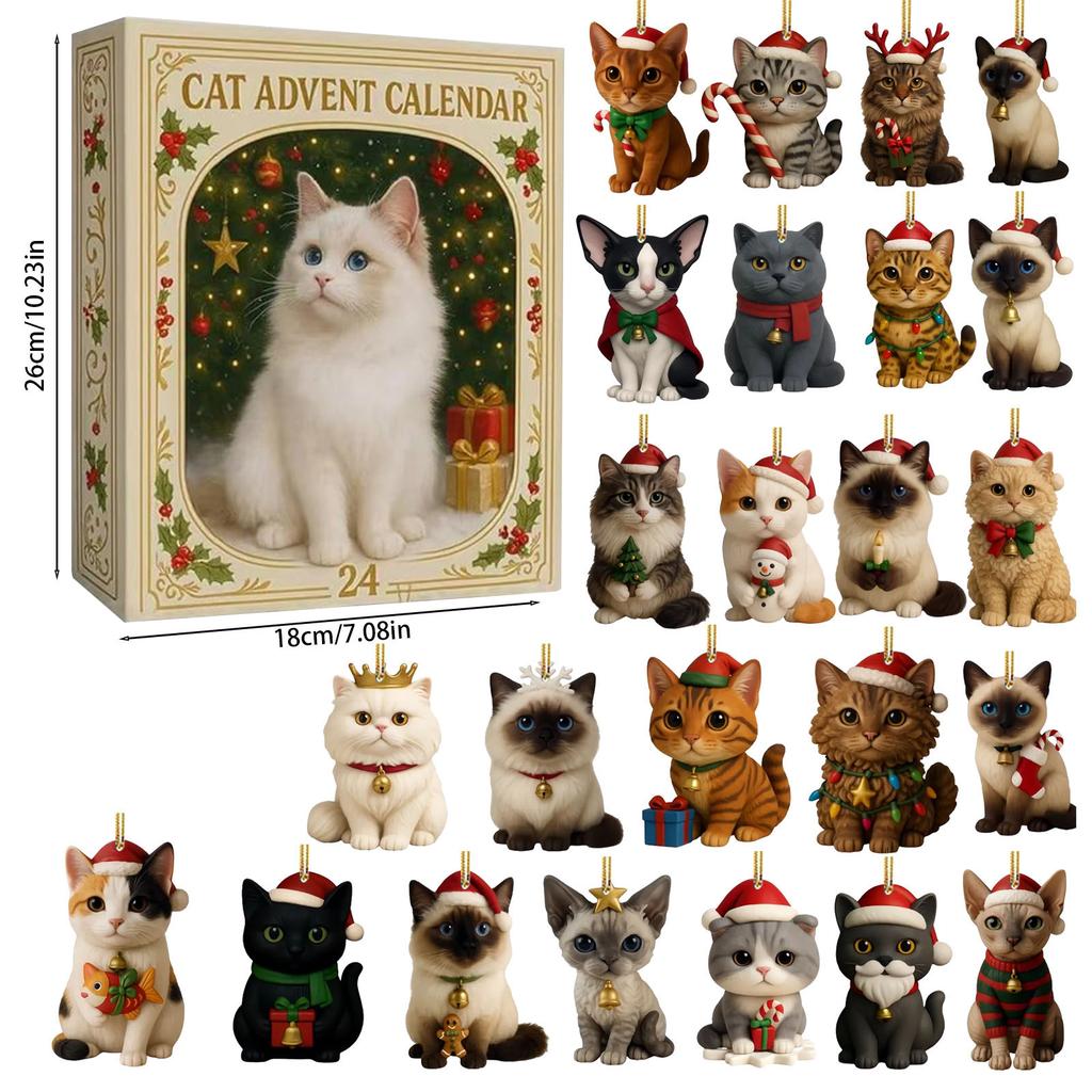 Weihnachts-Adventskalender mit 24 verschiedenen Rassen Acryl Katze Katzenliebhaber Adventskalender 2025 für Katzen Damen & Sammler