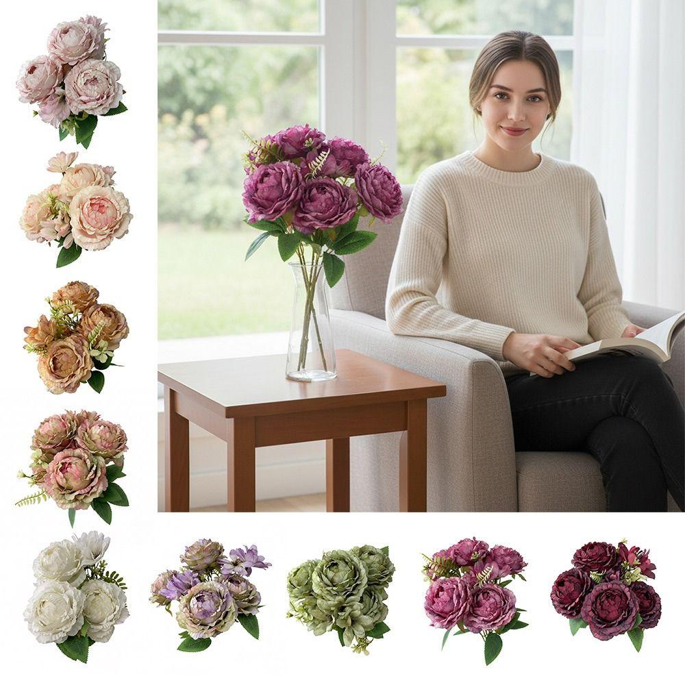 Multicolor Peony Artificial Flower Daisy Flower Silk Petals Simulation Flower Bouquet Floral Arrangement Green Leaves