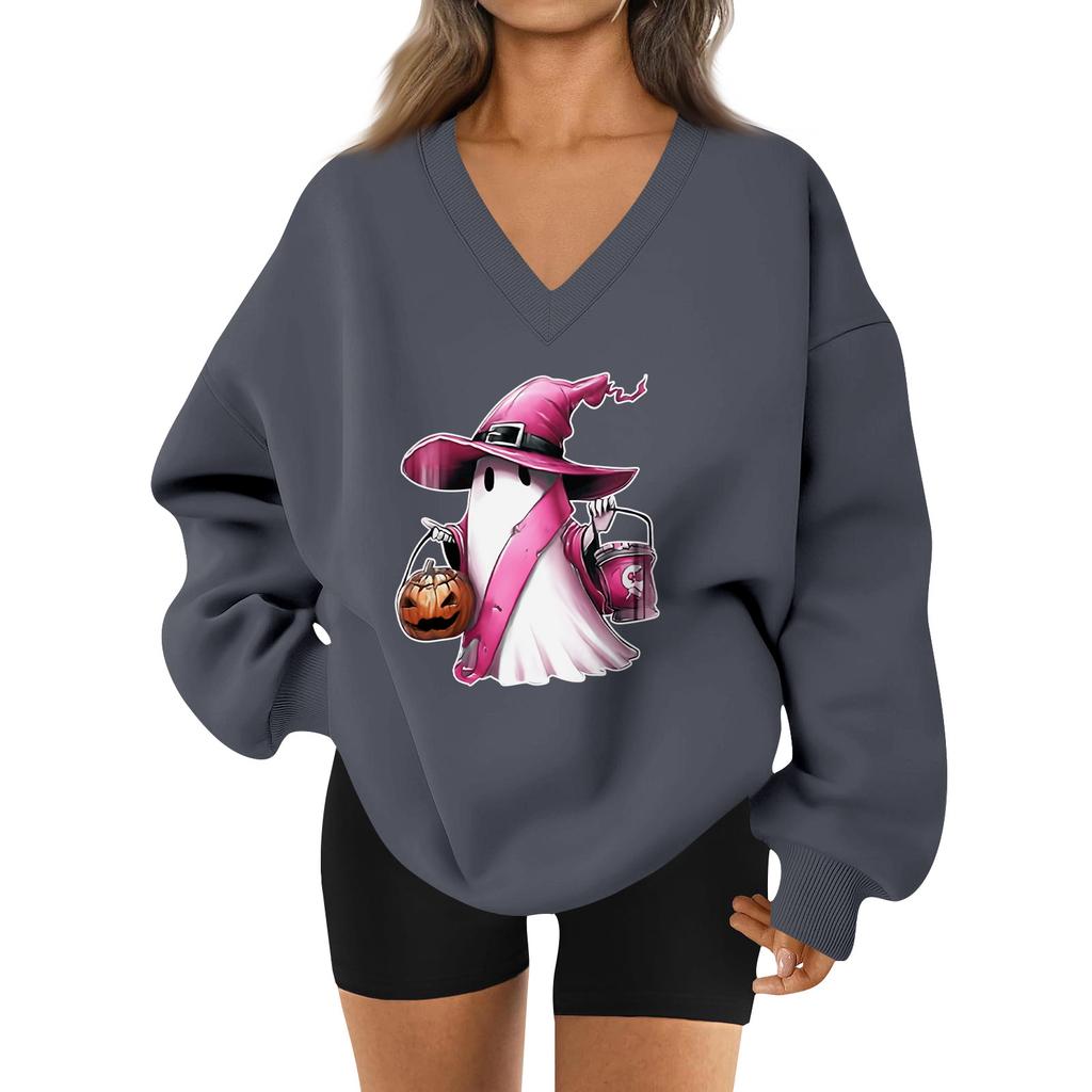 Women's V-neck Dropped Shoulder Halloween Print Sports Sweatshirt Top