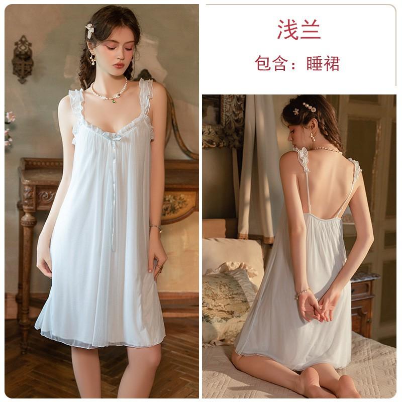Womens Sexy Lace-up Bow Backless Nightdress Loose Mesh Double-Layer Hem Soft Comfortable Sleepwear Home Hotel