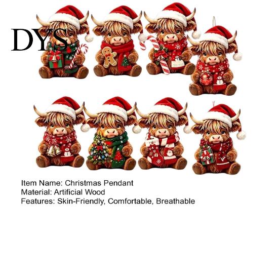 Healing Atmosphere Hanging Ornaments Highland Cow Christmas Ornament Set, 2D Flat Wooden Tree Accessories Decor with String, Holiday Party Decoration