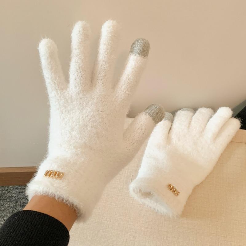 

Simple solid color plush five-finger plush warm gloves women s winter versatile riding windproof and cold-proof can be students білий