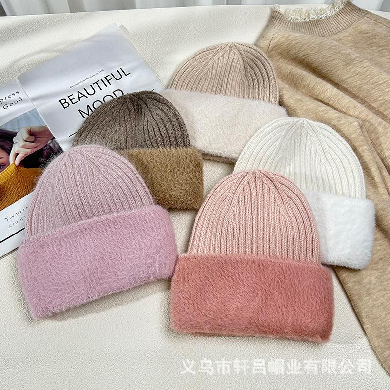 Autumn and winter velvet warm wool hat women's solid color new outdoor cold-proof thickened knitted pullover hat versatile cold hat