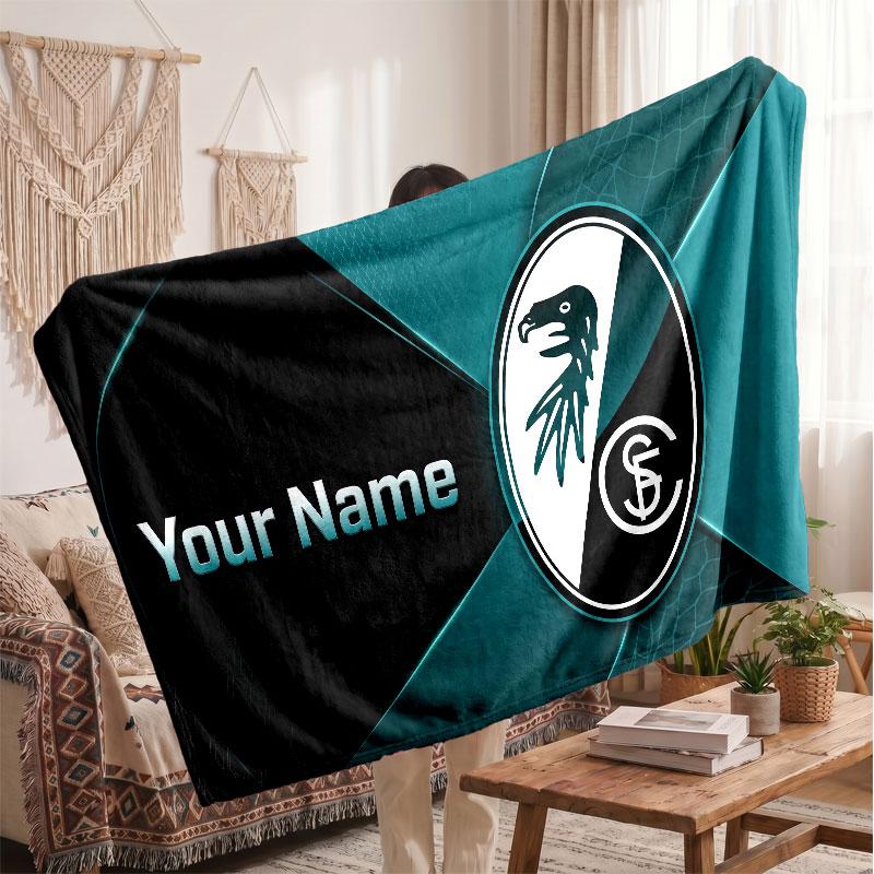 SC Freiburg Personalized Fleece Blanket With Football Logo, Custom Name Text Soft Warm Home Throw Blanket