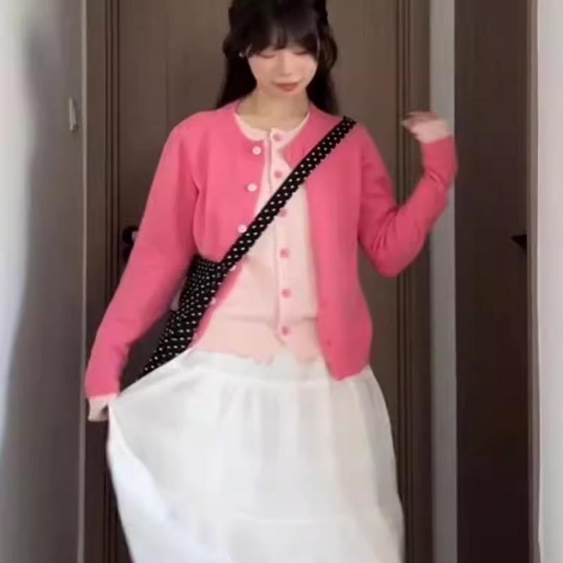 Early spring pink fake two-piece long-sleeved knitted cardigan jacket for women, small soft waxy contrasting top in spring and autumn