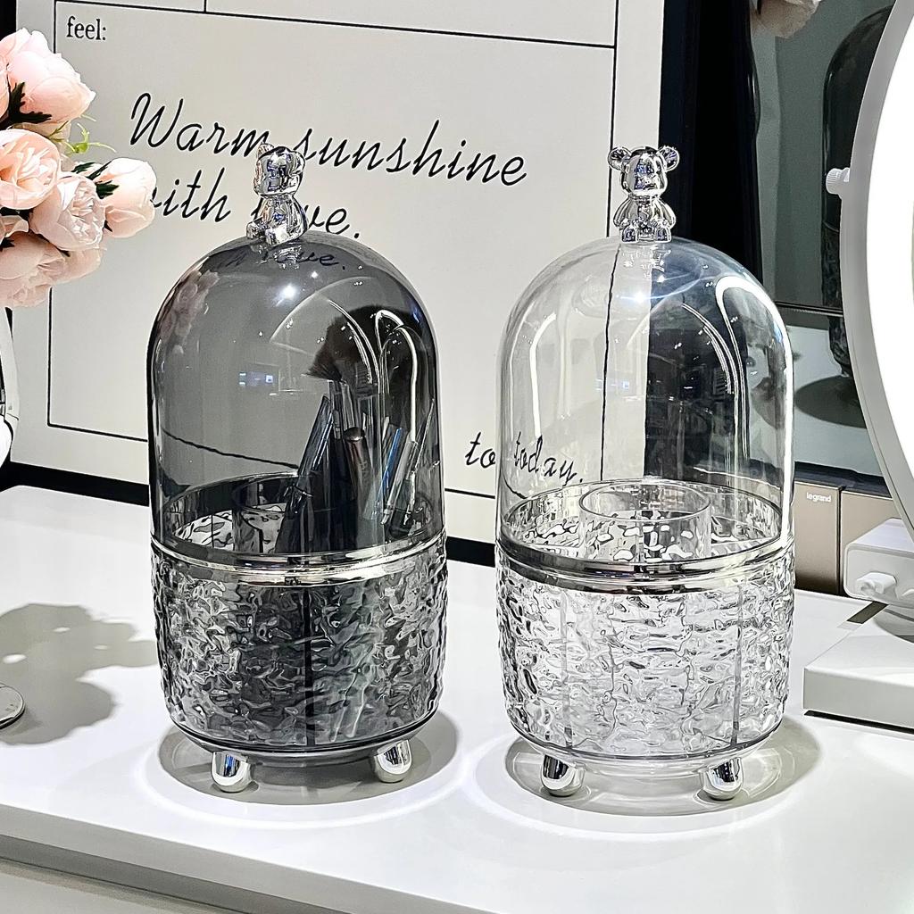 360° drehbarer Make-up-Pinselhalter aus Acryl mit Deckel, transparenter Make-up-Pinsel-Organizer für die Eitelkeit, kosmetische Aufbewahrungsbox, Bad-Arbeitsplatte