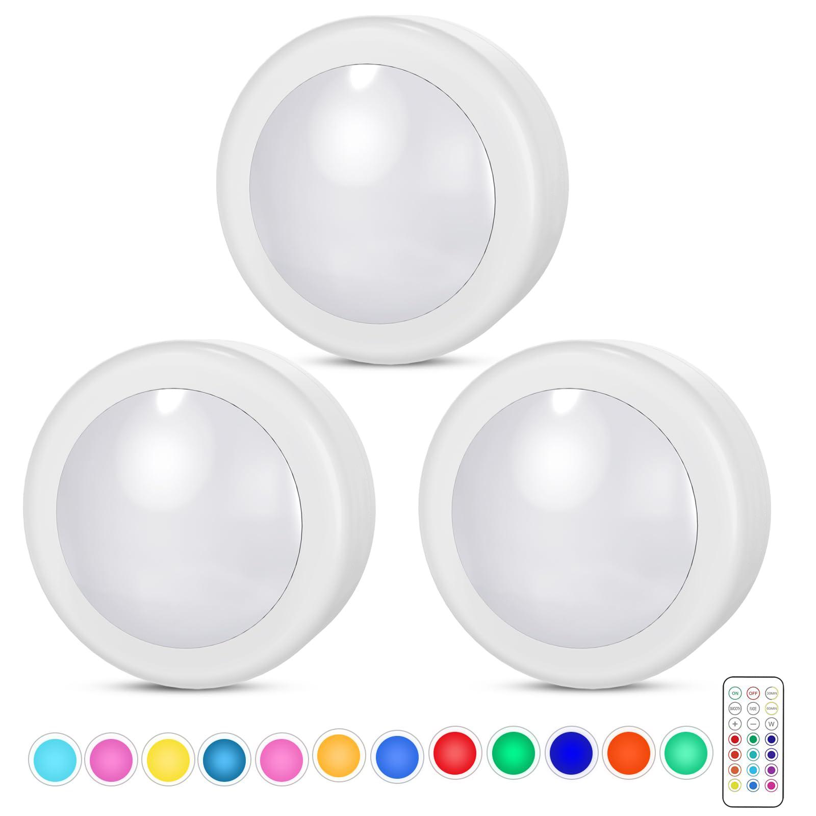 

Светодиодные лампы RGB Puck с пультом дистанционного управления на батарейках для внутреннего освещения шкафа, лампы для украшения шкафа на кухне, в спальне