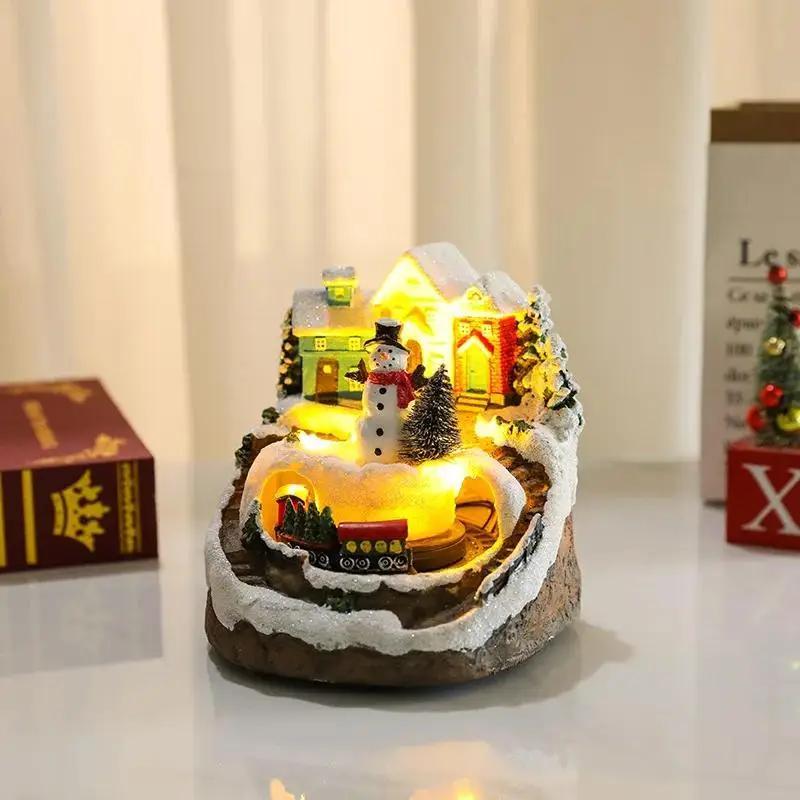 666  Christmas House Village Rotating Scene Ornament LED Lighting Santa Claus Snow Figurine Electric Music Box Xmas Decor