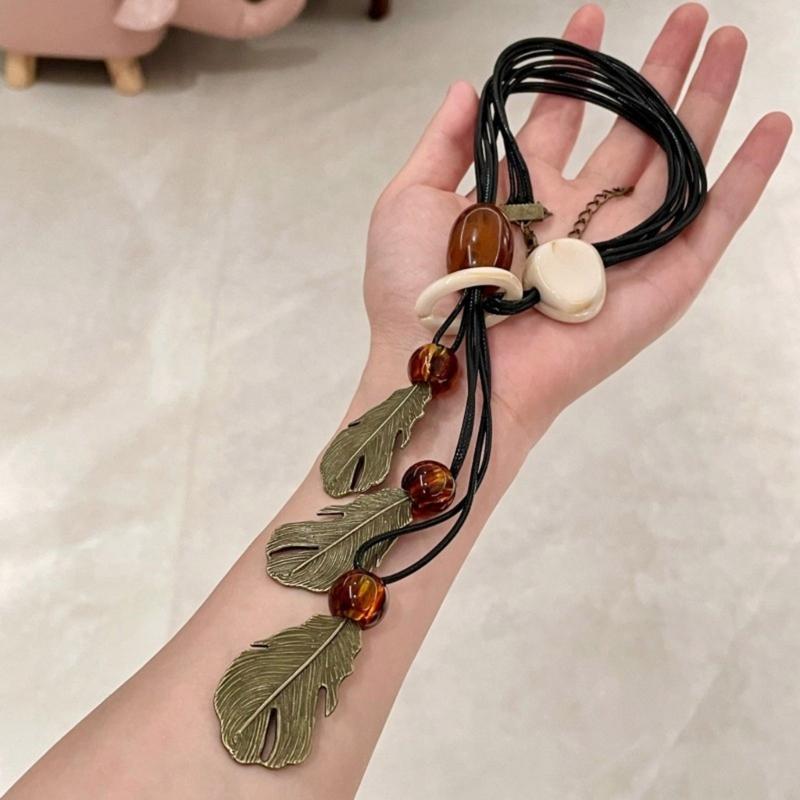 Long Bohemian Ceramic Bead Strand Necklace Ethnic Leaf Pendant Fringe Jewelry for Women Summer Statement Accessory