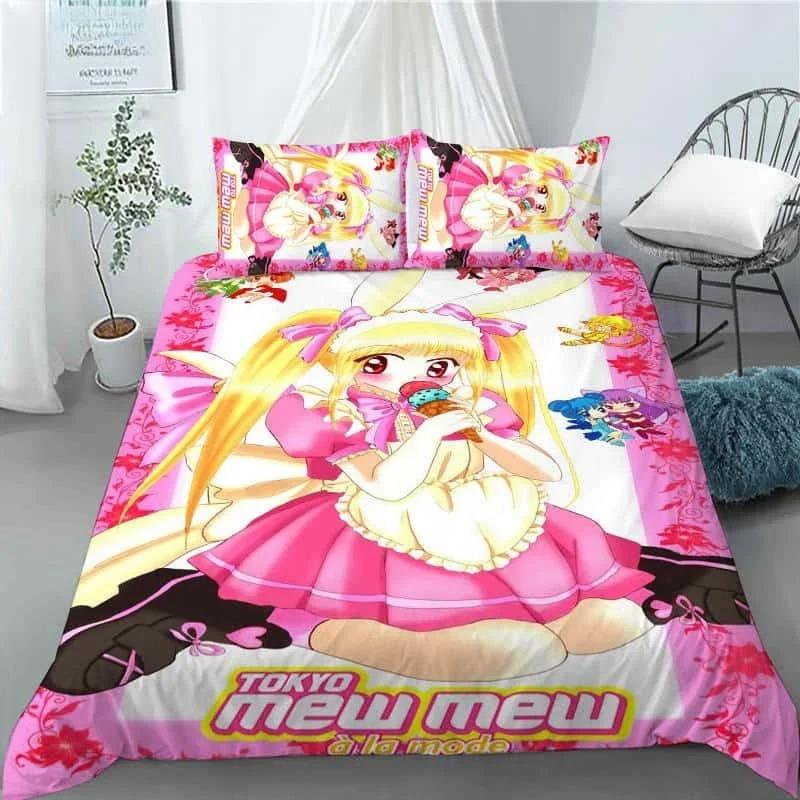 New 3D Anime Kawaii Girls Tokyo.Mew.Mew Bedding Set Duvet Cover Bedclothes Comforter Cover With Pillowcase For Kid Home Textiles