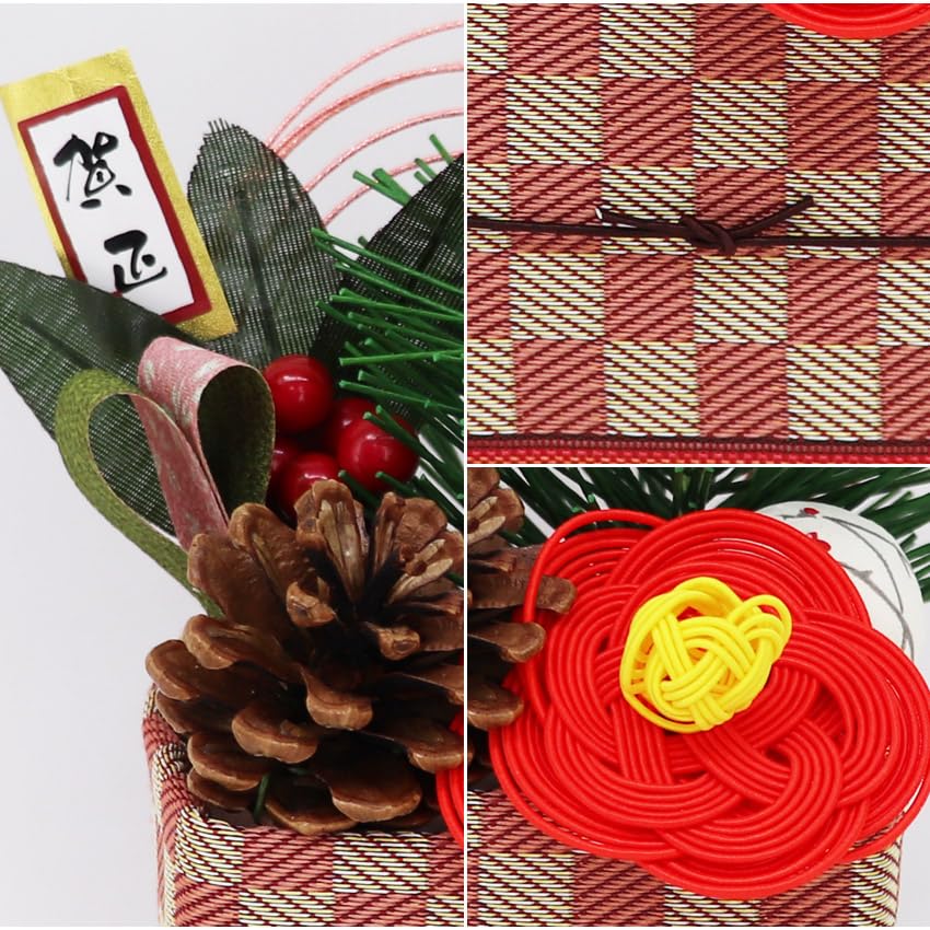 Osaka Choseido Kadomatsu New Year Made of Mizuhiki and Welcome Spring Height Free Original Wooden Card Tatami Rim Peach Checkerboard Ornament,