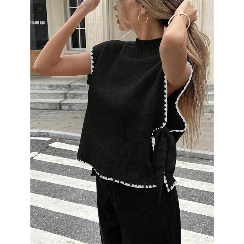

Женский вязаный жилет-свитер с контрастной отделкой, водолазкой, без рукавов, с завязками по бокам, пуловер, осень 2025, повседневный, минималистичный, женские свитера L