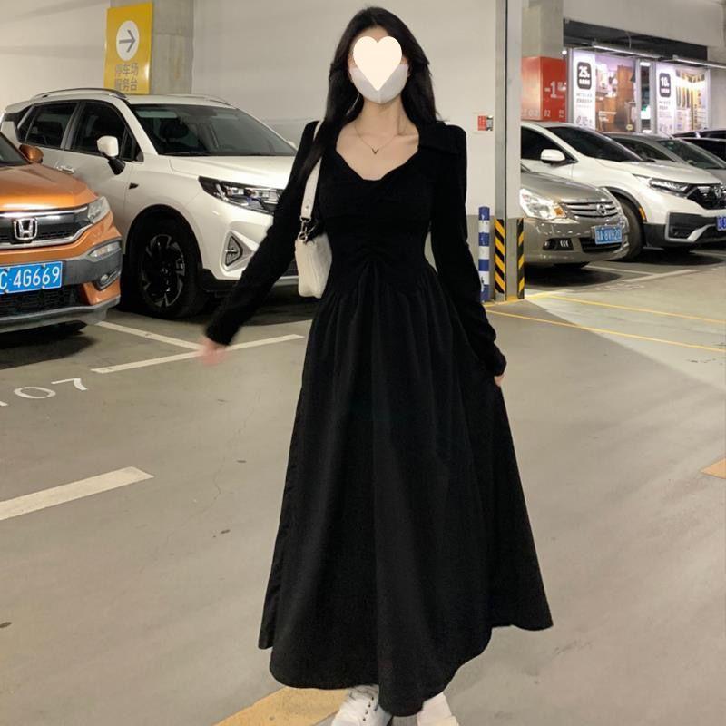 

Женское черное платье с большим французским V-образным вырезом и длинными рукавами, осенний А-силуэт с плиссированной талией, утягивающий эффект 5XL [for 180-200 jin]