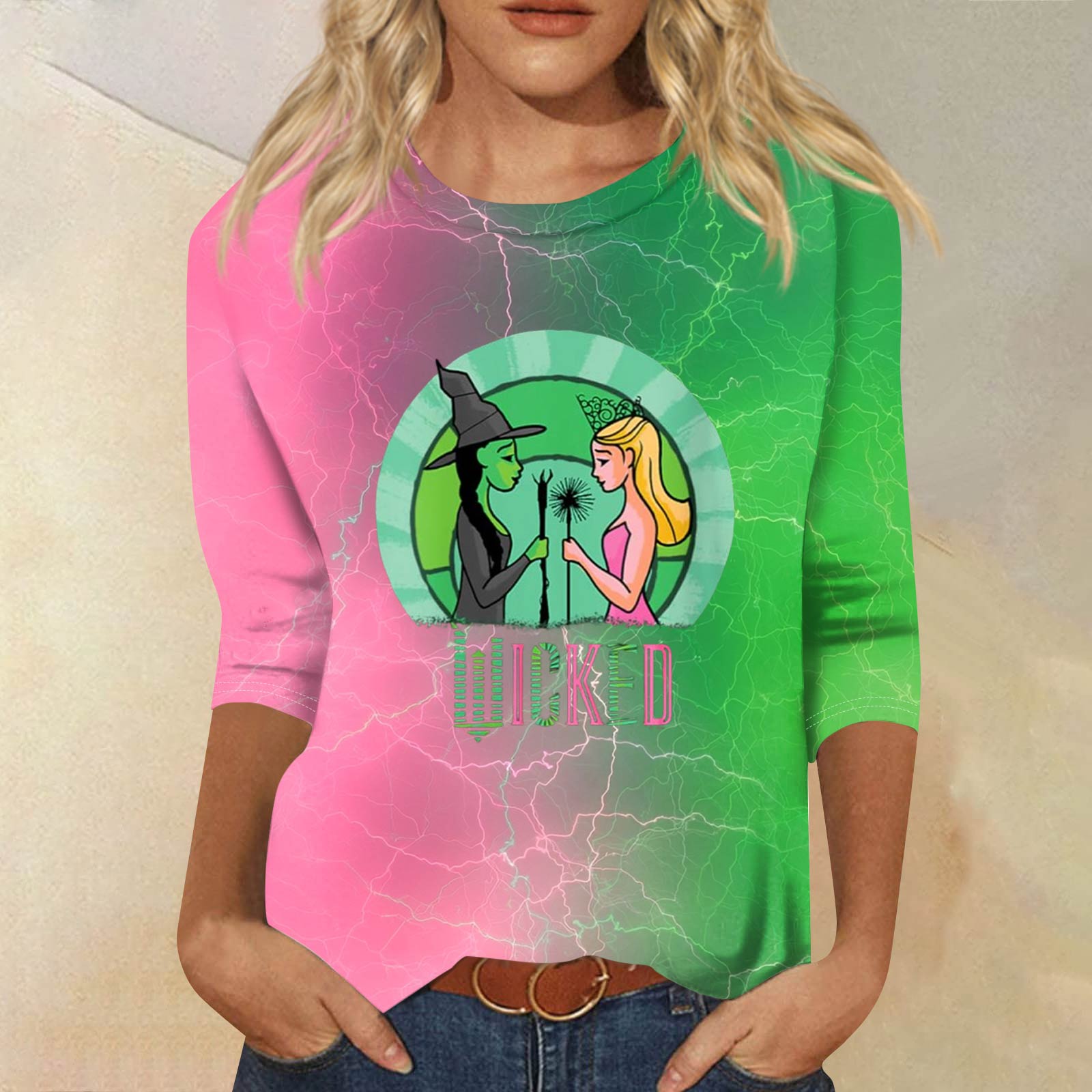 

Женский модный повседневный топ с принтом, рукавом три четверти и круглым вырезом L