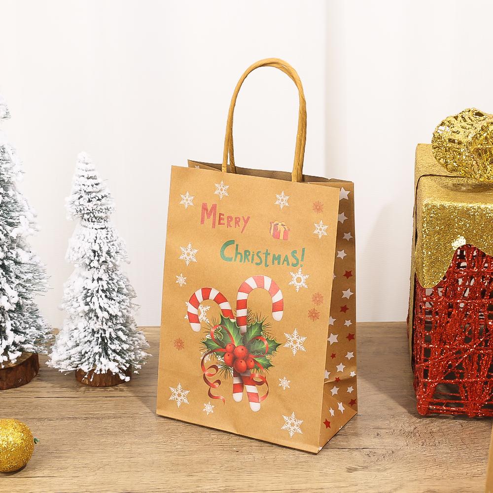 5/20pcs Christmas Kraft Gift Bags with Handles Retro Santa Claus Xmas Snowman Santa Tree DIY Packaging Pouch New Year 30*15CM