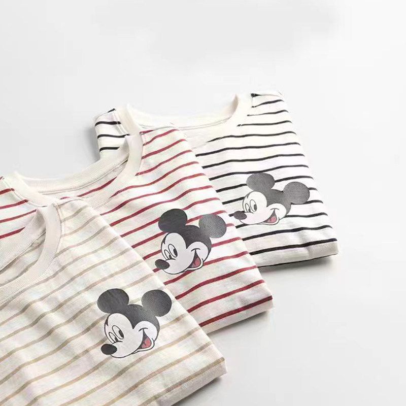 Summer Kids Pure Cotton T-shirt Loose Men's Girls' Short-Sleeved Shirt Stripes Half-Length Sleeve Thin Cartoon 90-Size 150