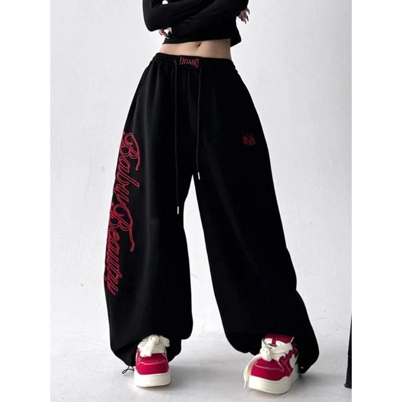 Christmas Red Letter Sweatpants Women Loose Vintage Hip Hop American Pant High Waist Bf Streetwear Pockets Lace Up Wide Leg Pans