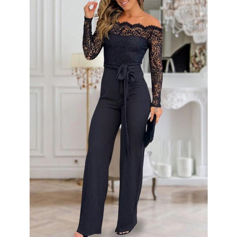 Mode för kvinnor Casual Vår Höst Enfärgade Tryck Långärmade V-ringning Hög Midja Byxor Jumpsuits Jumpsuits